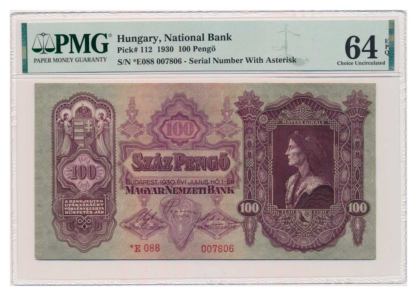 HUNGARY banknote 100 Pengo 1930 Szalasi issue PMG MS 64 EPQ Choice Uncirculated