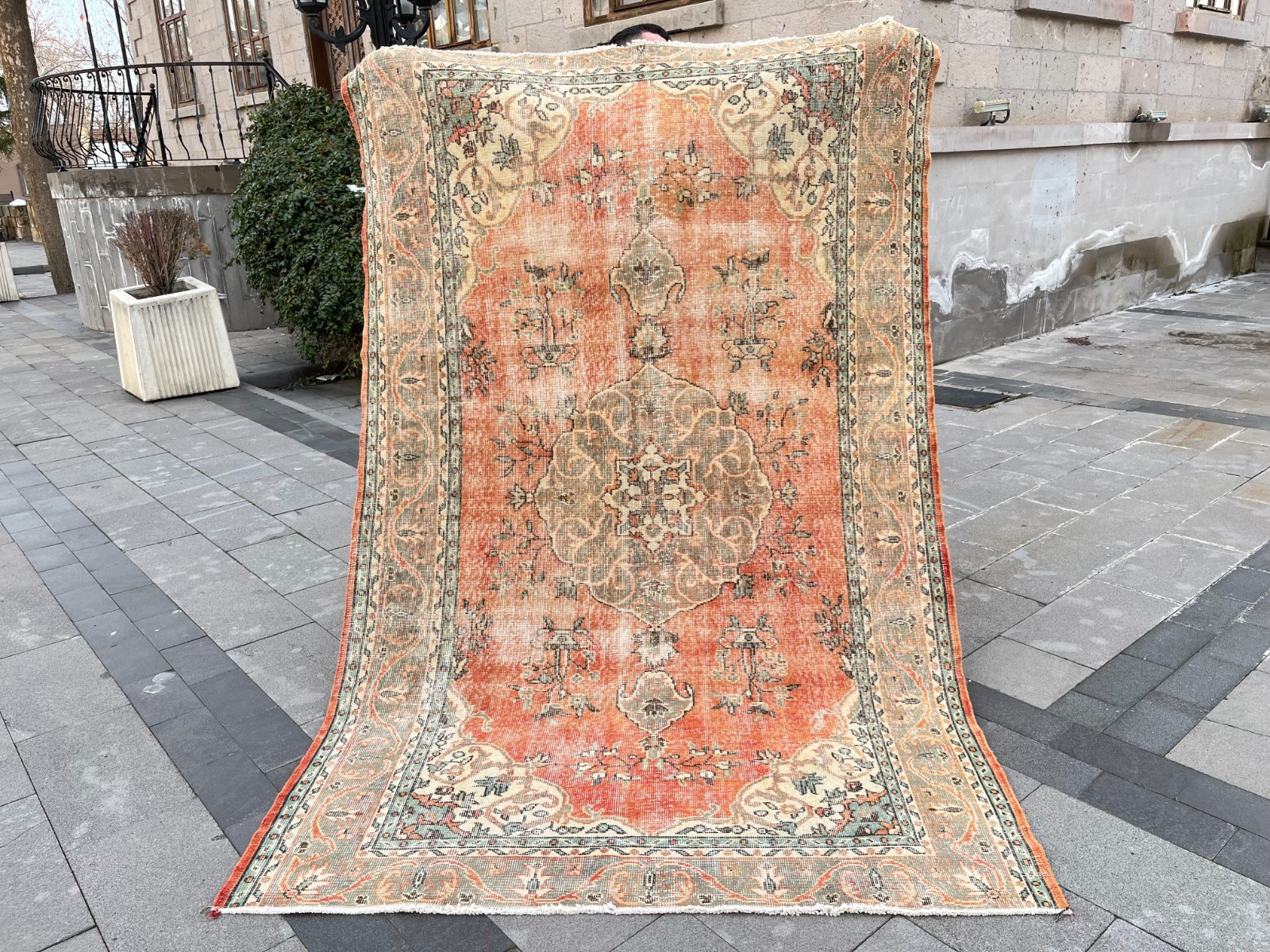 Vintage Hand Knotted Wool Rug 5.7x9 Terracotta Sage Floral Medallion Area Rug