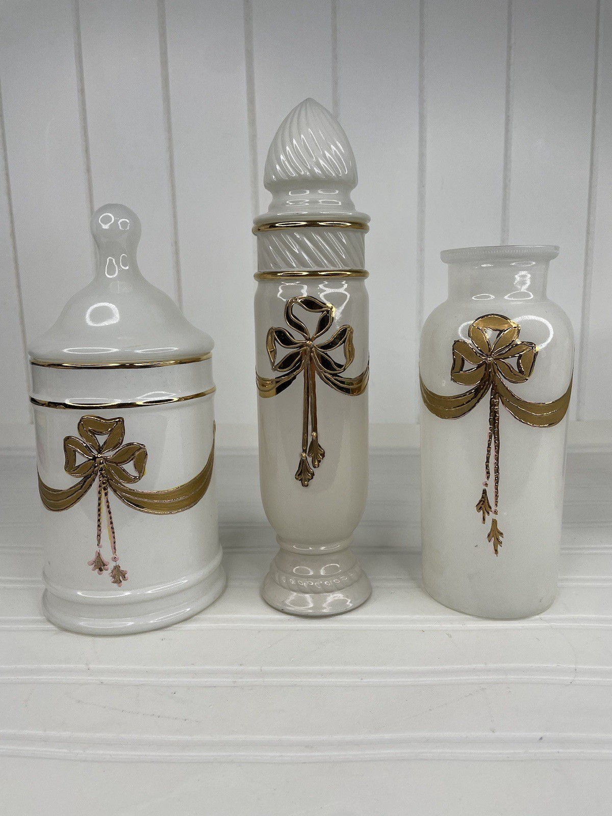 Vtg Lot Of 3 Glass Apothecary Jars Tiffin MARLY White With Gold Bows /Ribbons