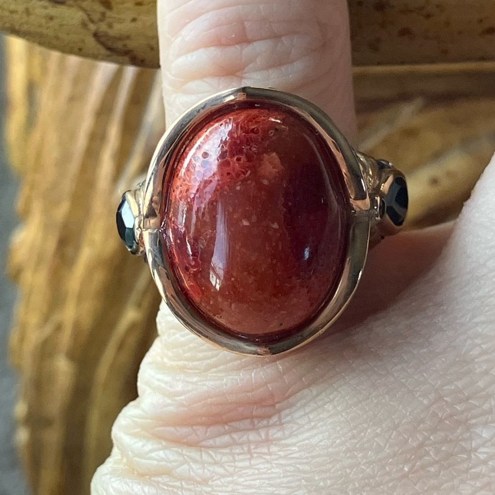 Red Coral White Topaz Sterling Silver Ring Size 5
