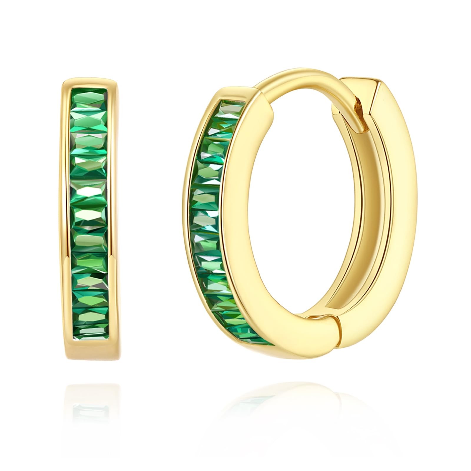 GLOQUAT 14K Gold Green Huggie Earrings for Women 10mm, CZ Hugggies 