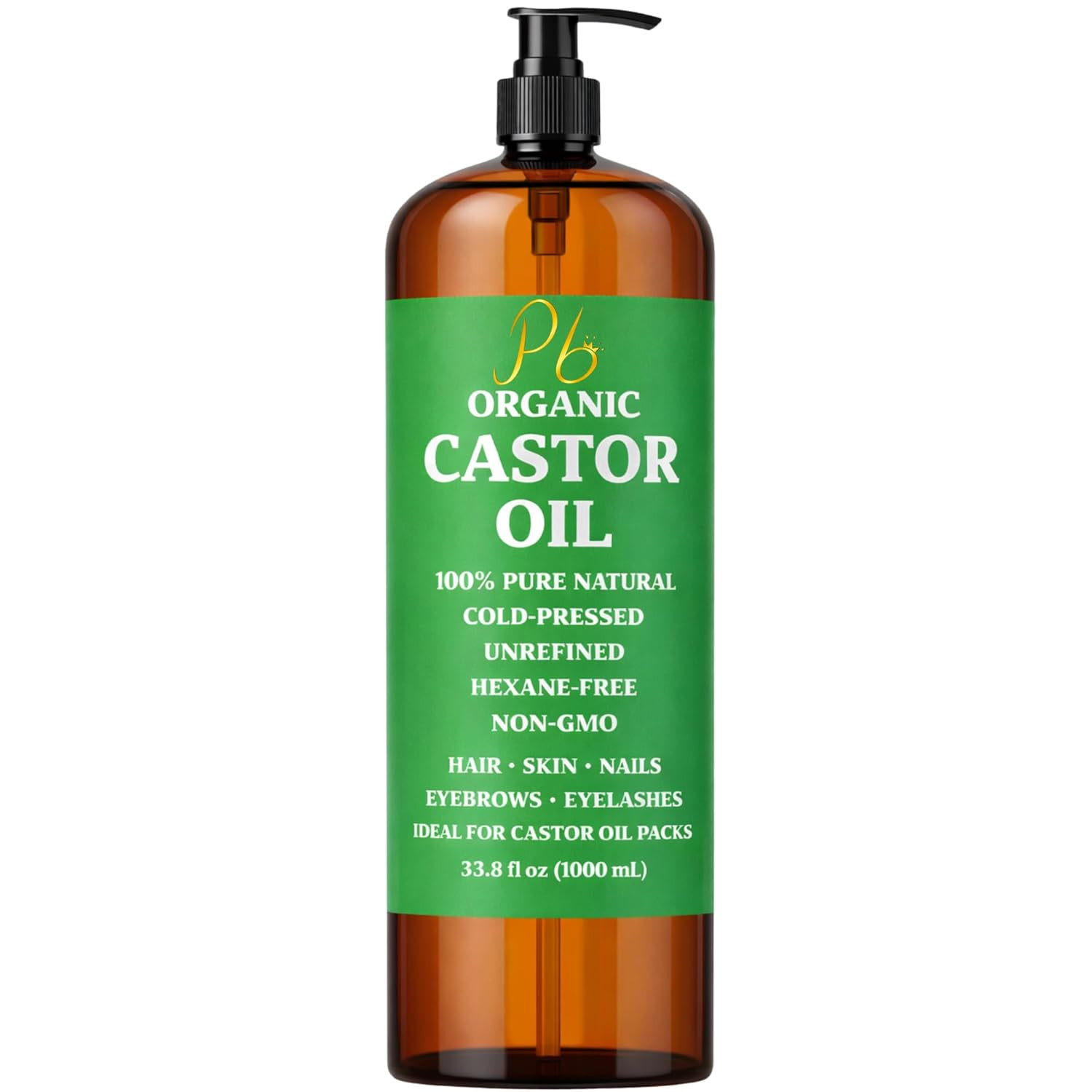 Organic Castor Oil - 33.8 Fl Oz (1 Liter) Bulk Size - Cold-Pressed, Unrefined & 