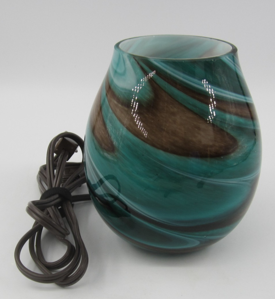 Art Glass Turquoise Green Teal Brown Swirl 6" Night Light Accent Lamp