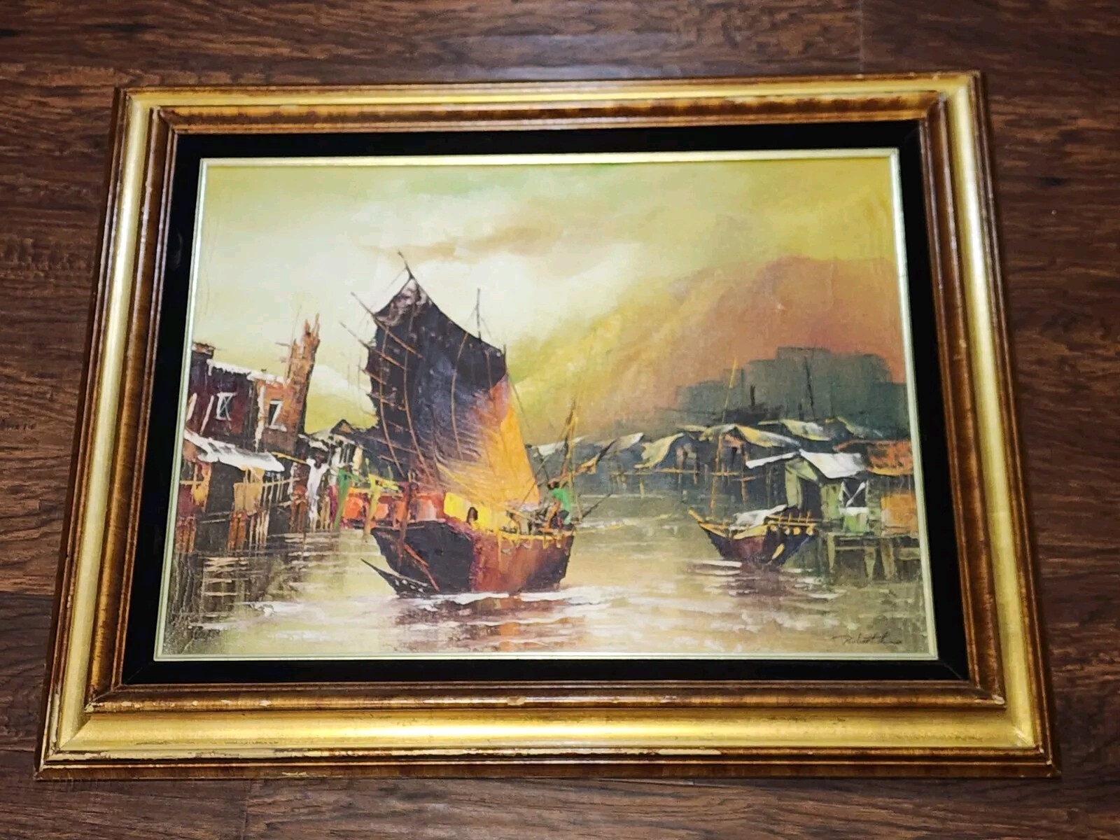 SIGNED ROBERT LEE Ship in Village Sea Coastal Scene Landscape Oil Painting