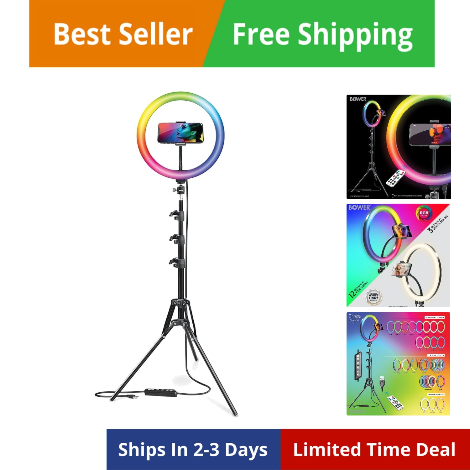 12-inch Led Selfie Ring Light Studio - Adjustable Brightness, 9 RGB and 3 Whi...