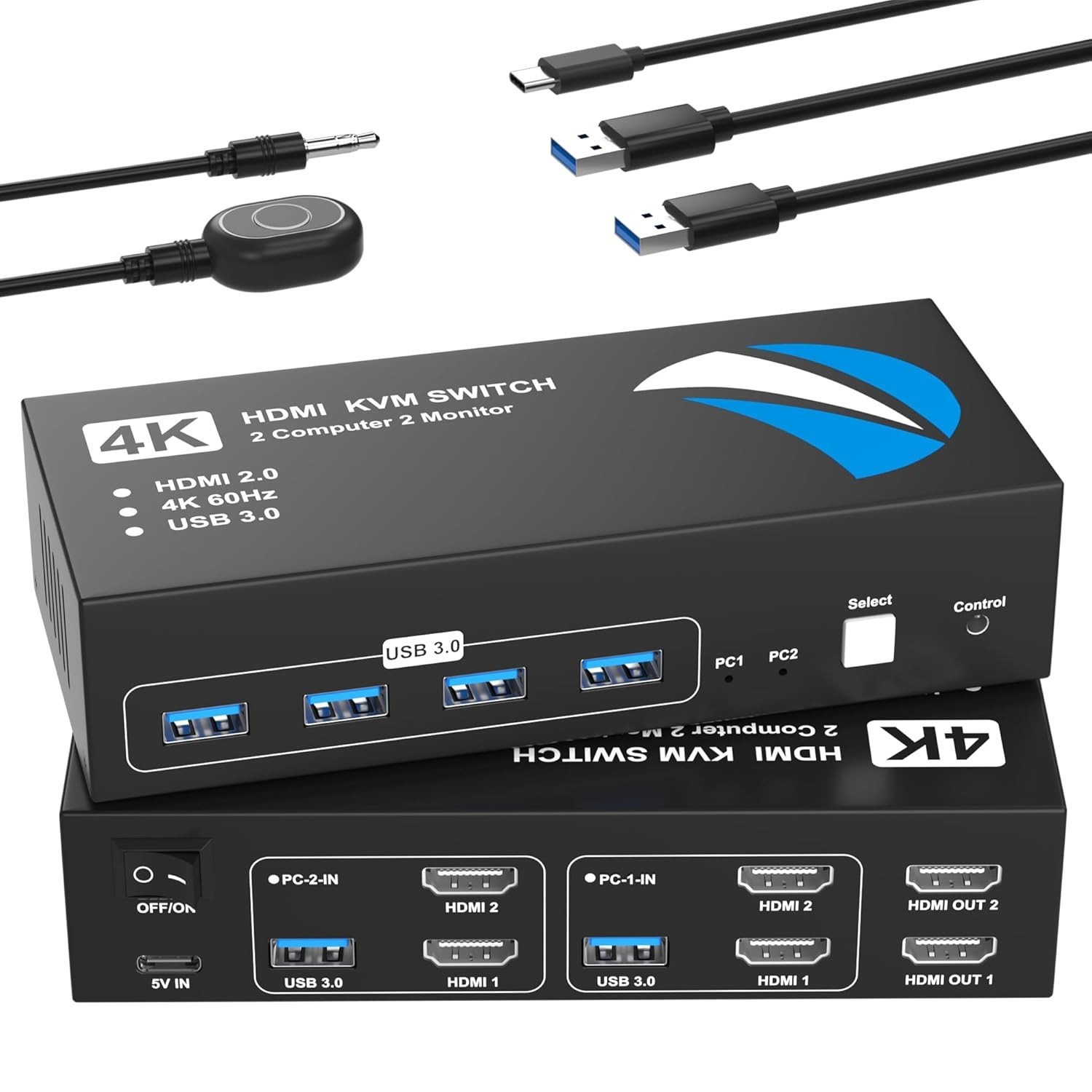 Dual Monitor HDMI KVM Switch 2 PCs 4K@60Hz w/ 4 USB 3.0 Ports