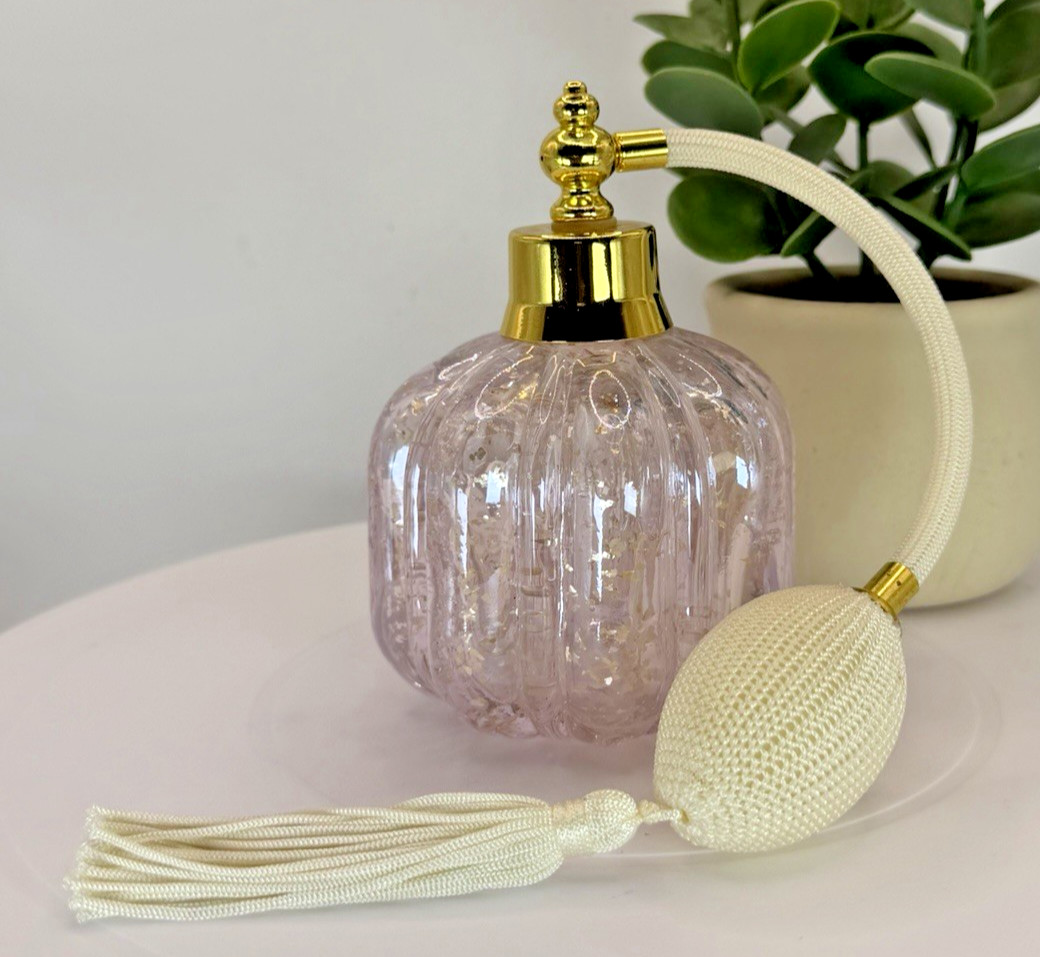 Pink Pumpkin Perfume Bottle w/ Cream White Atomizer Spray Pump & Silver Flecks