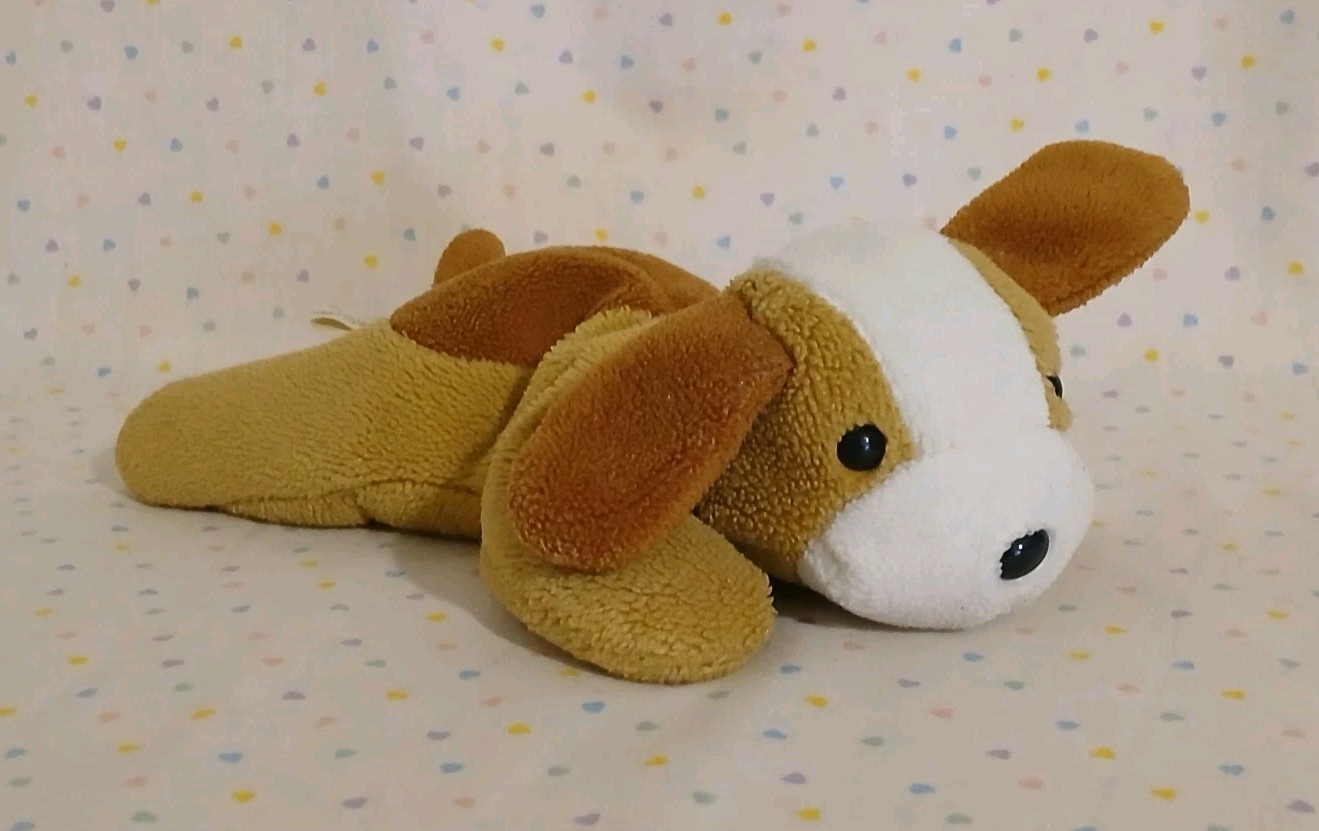 Vintage Plushland Brown White Puppy Dog Floppy Stuffed Animal Beanbag Plush 8"