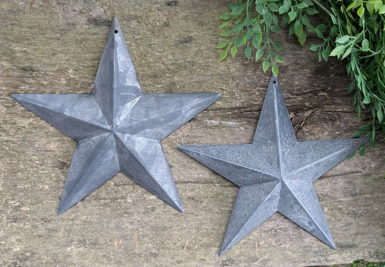 Set of 2 - 8"  GALVANIZED BARN STAR Aged Antique Style Metal Tin Primitive