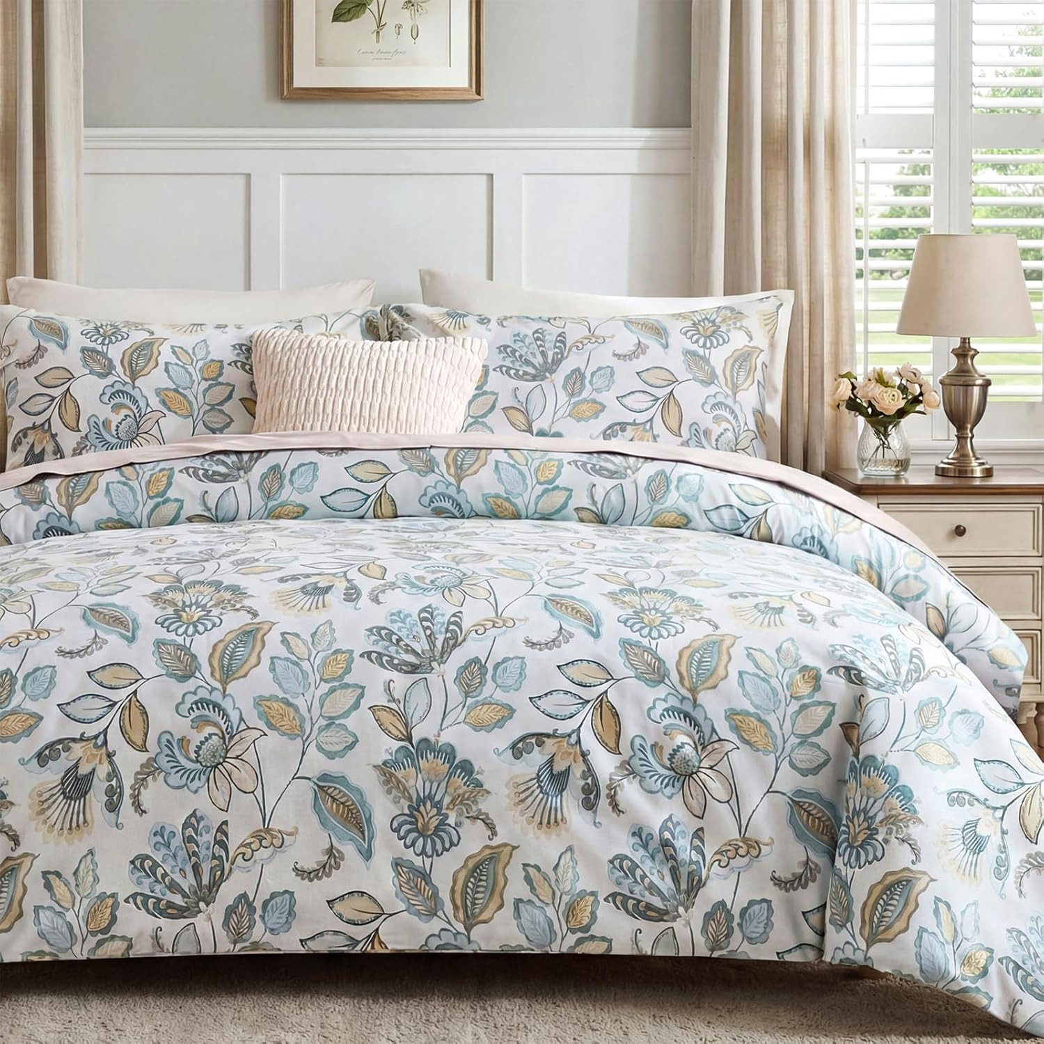 Blue Floral Duvet Cover King Size 100% Cotton Botanical Coquette Comforter Cover