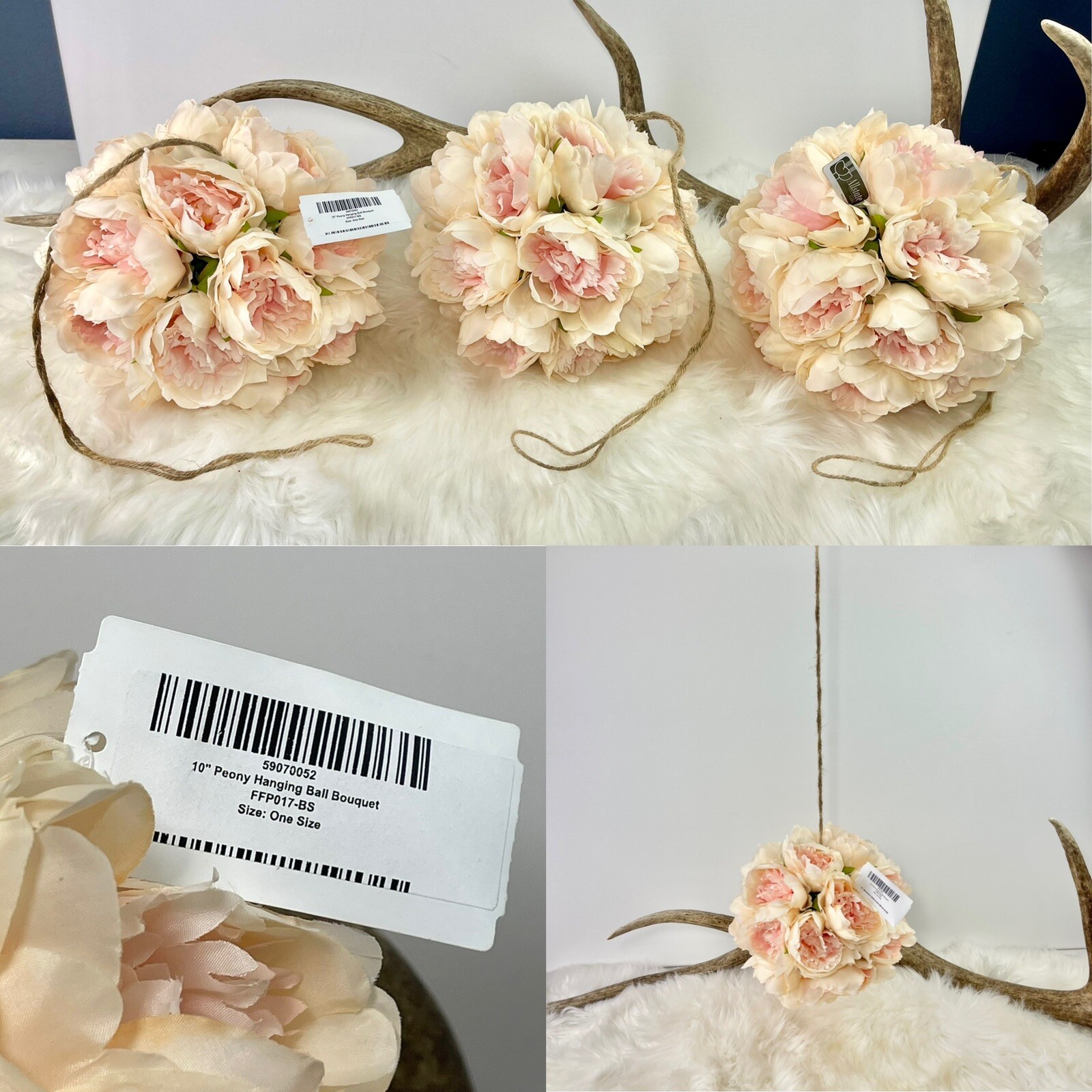 10” Blush Peony Kissing Ball Hanging Wedding Decor Floral Bouquet Set of 3 NEW