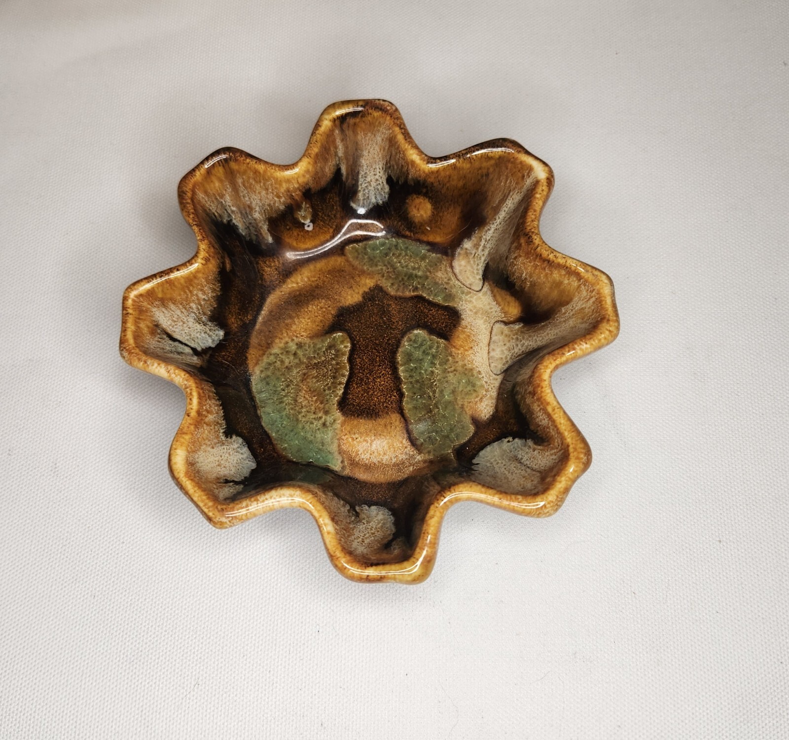 Vintage Dryden Pottery Arkansas Signed Glazed Wavy Bowl Trinket Dish Ashtray 5"