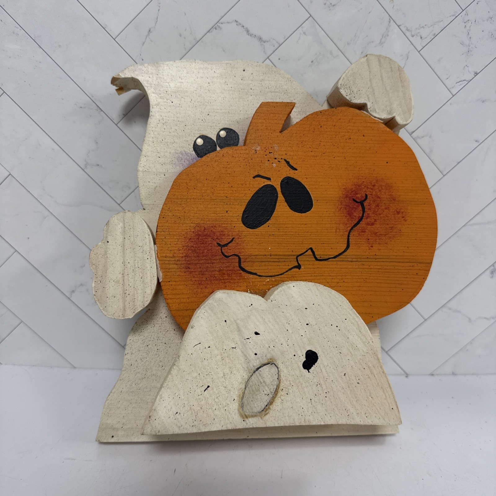 Vintage Handmade Wooden Ghost Holding Pumpkin - Cute Figure Decor