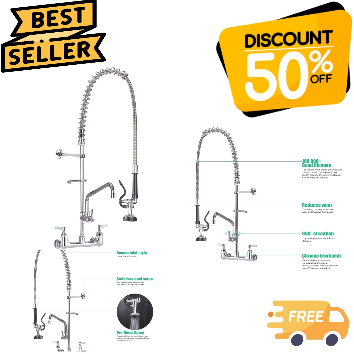 47 Inch Wall Mount Commercial Kitchen Faucet with 360° Swivel Spout and Sprayer