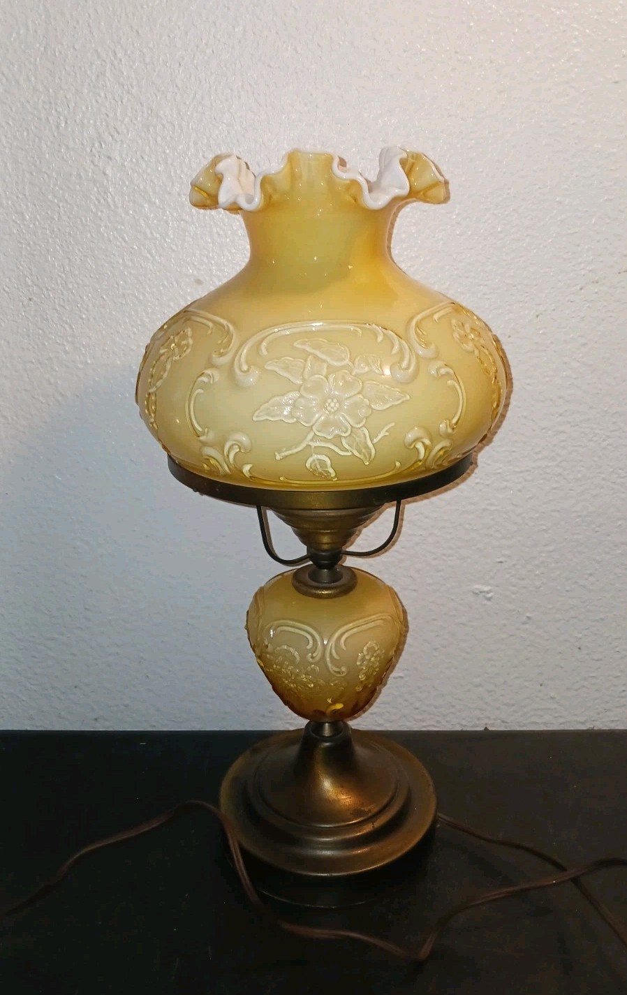 Fenton Glass Student Lamp Wild Roses & Bowknot Honey Amber Overlay HTF