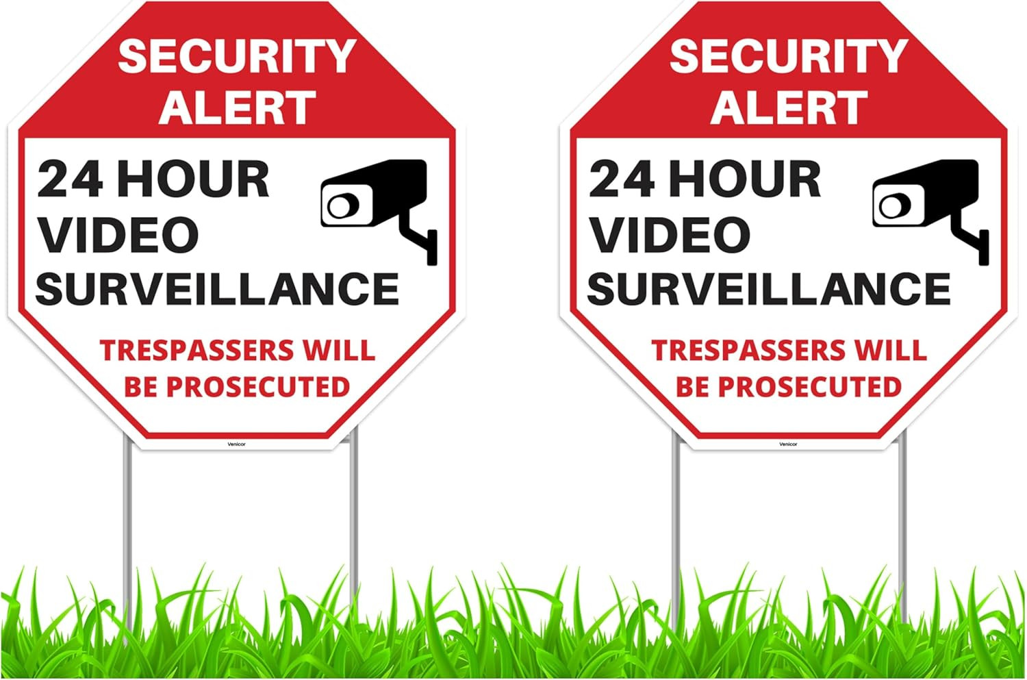 24-Hour Video Surveillance Signs with Stakes - No Trespassing - 12"x12