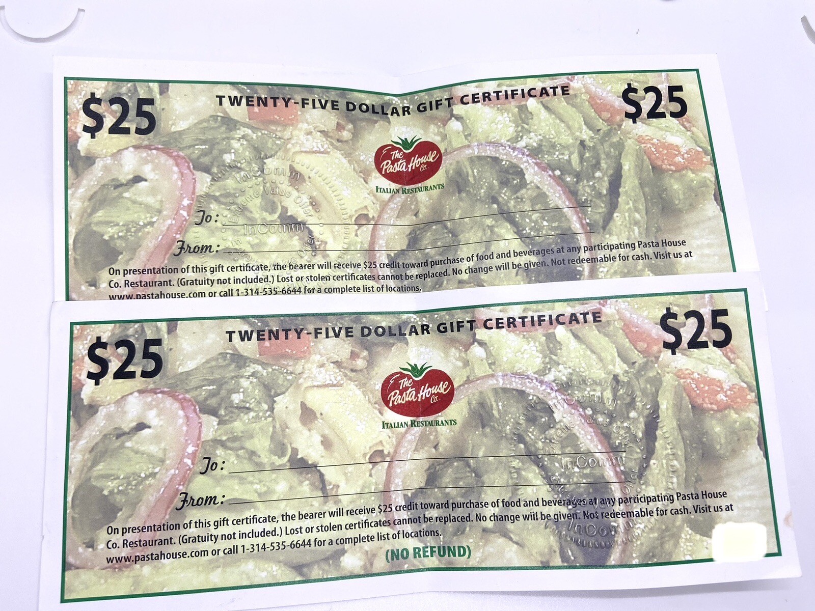 The Pasta House Co Gift Card Certificate 2x25 ($50) Value