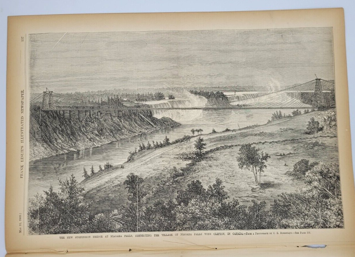 Frank Leslie's 5/15/1869  New Suspension Bridge  Niagara Falls / Billiards Tourn