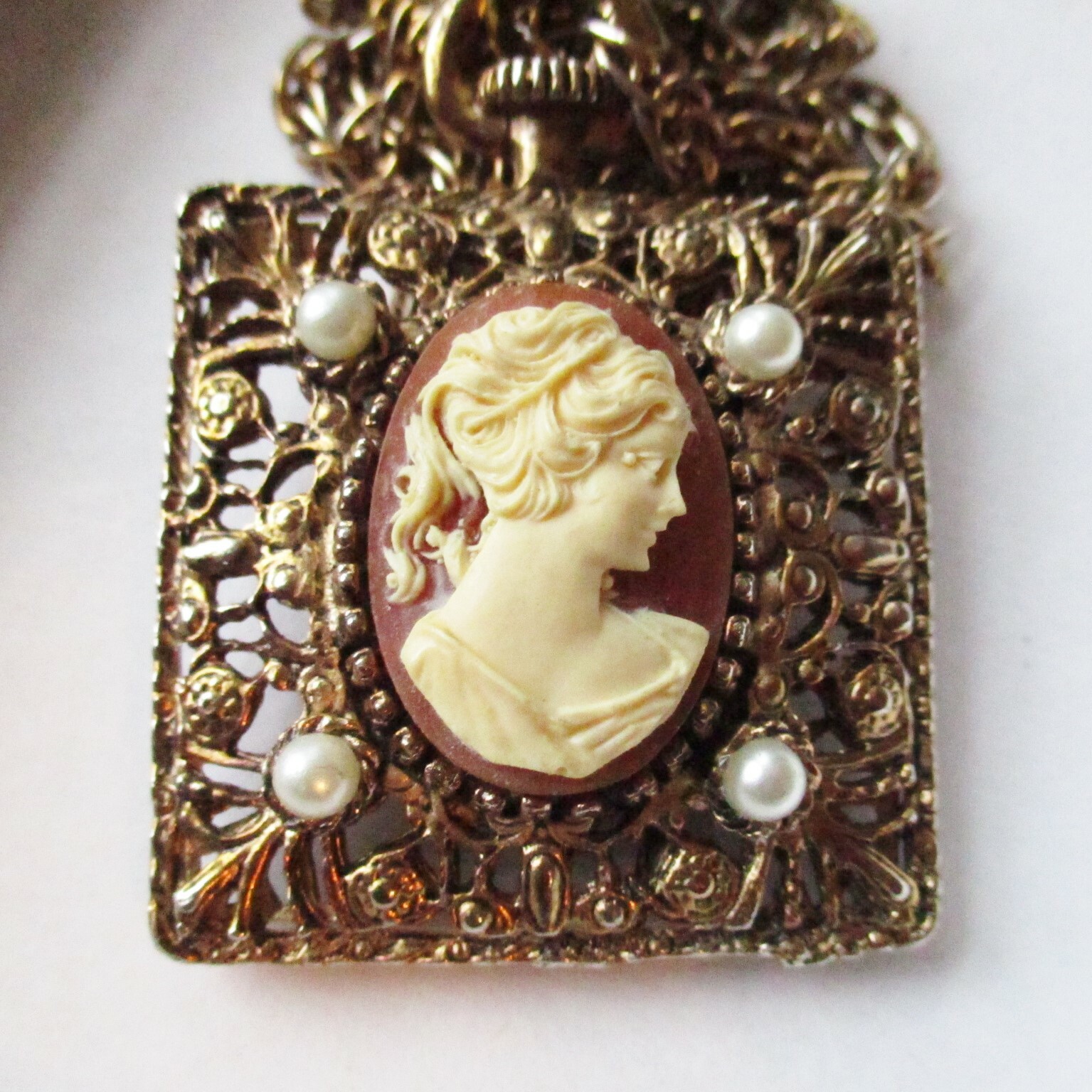 Vintage Cameo and Faux Pearl Necklace Square Filigree Caged Pendant Double Chain