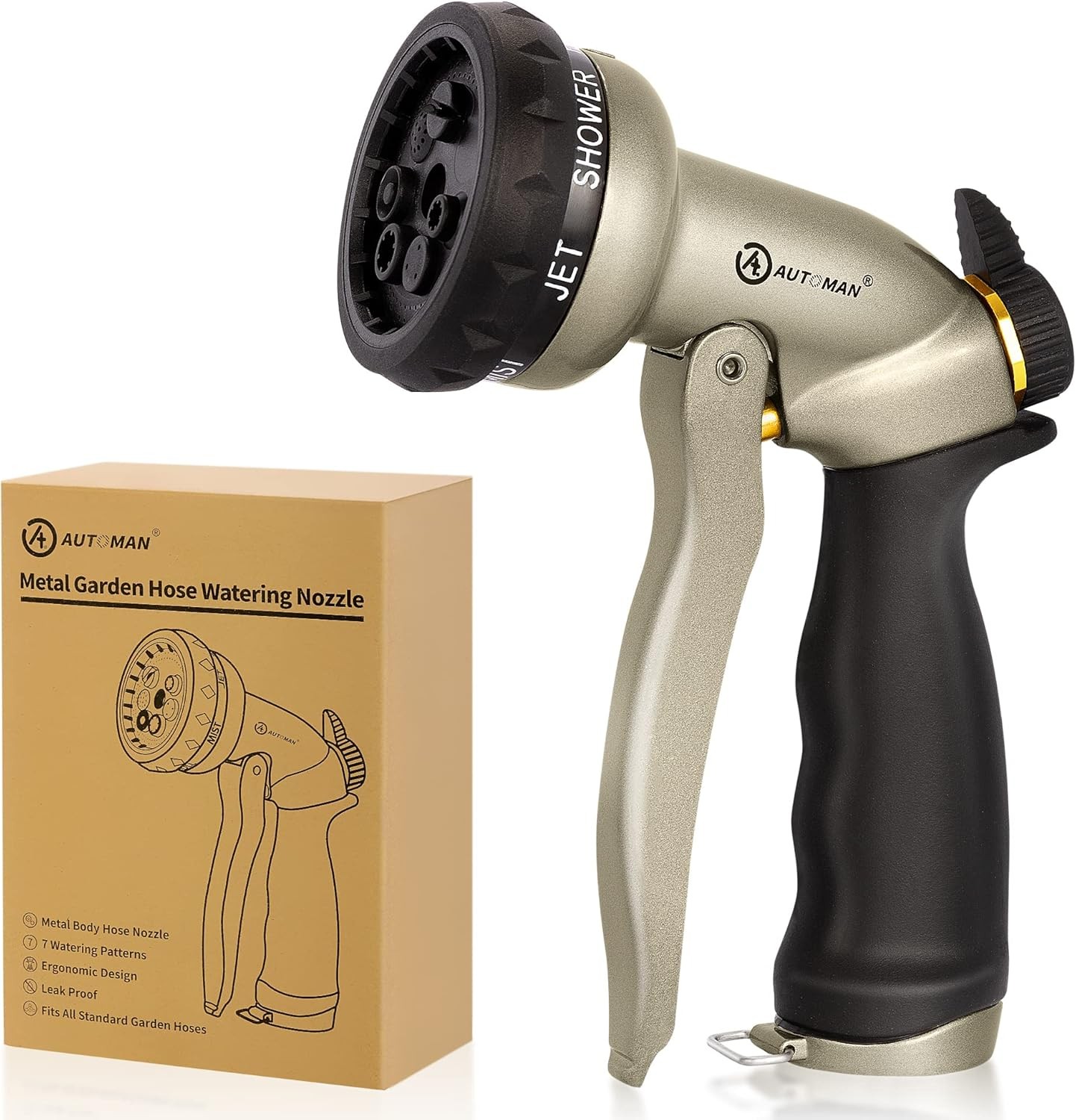 AUTOMAN Garden Hose Nozzle - 7 Patterns Sprayer, 100% Metal High Pressure Spray 