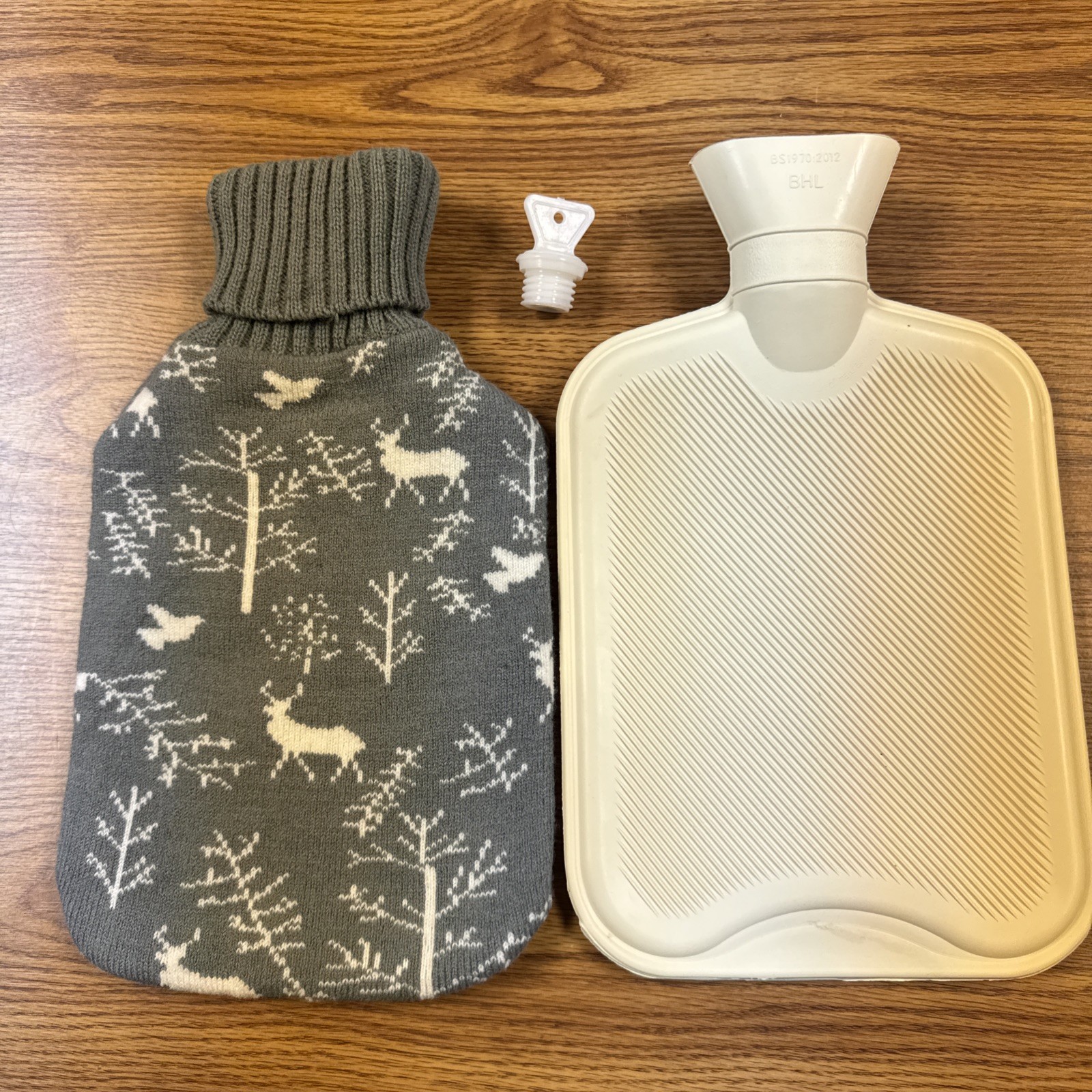 2L Hot Water Bottle With Knit Sweater Reindeer Birds Trees Grey And White