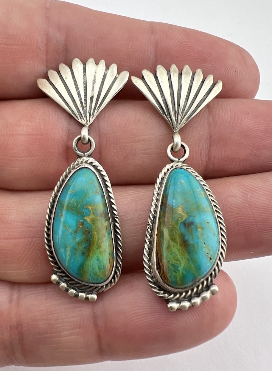 Vintage Navajo Sterling Silver Royston Turquoise Stamped Post Dangle Earrings