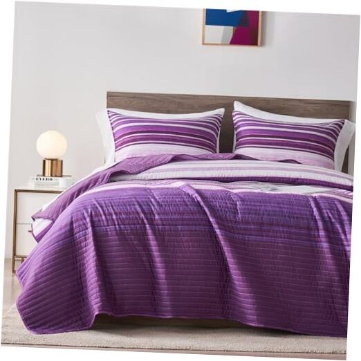  Full/Queen Quilt Bedding Set, White and Full/Queen(3-Piece Set) Purple