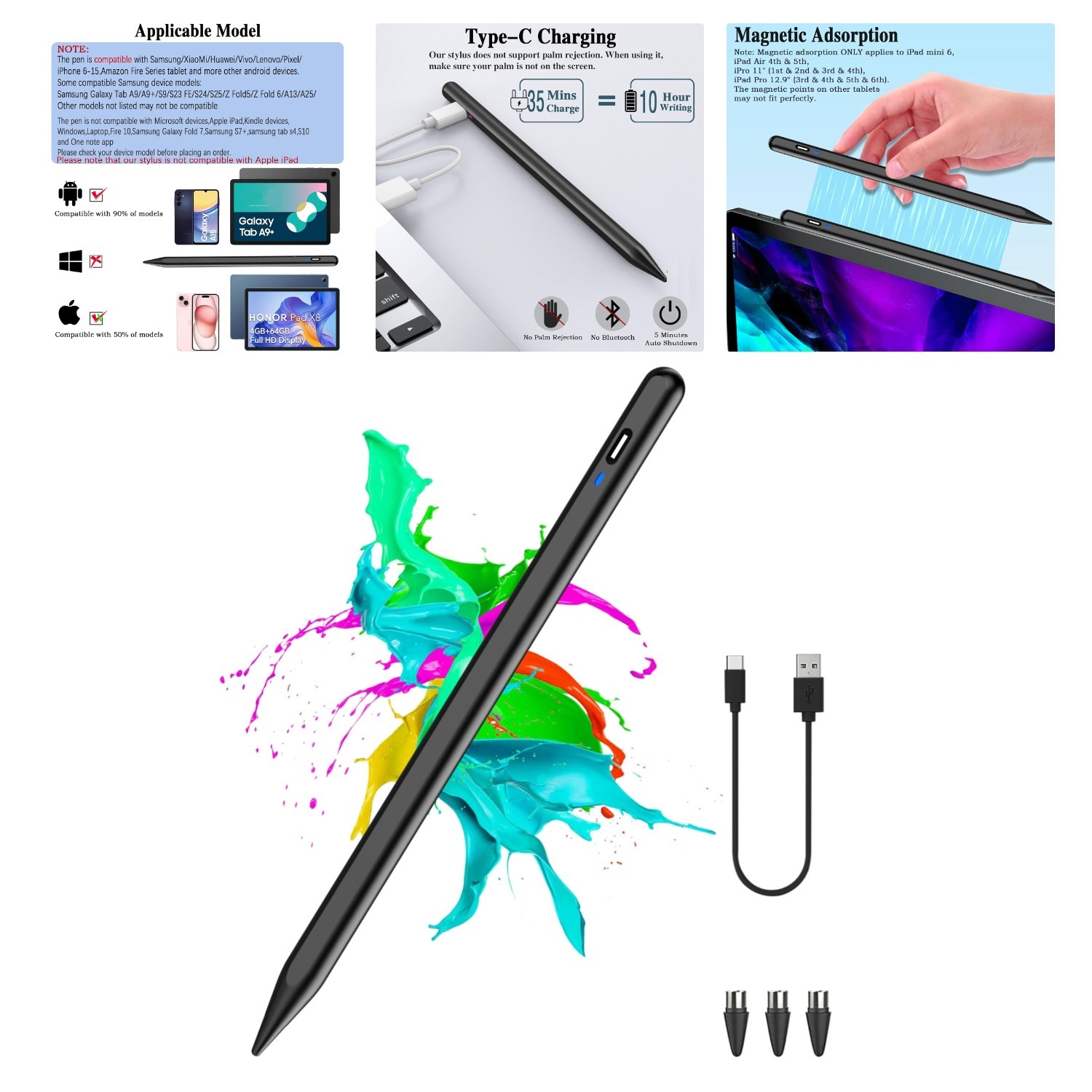Rechargeable Active Stylus Pen with POM Tip - Versatile for Android/iOS Devices