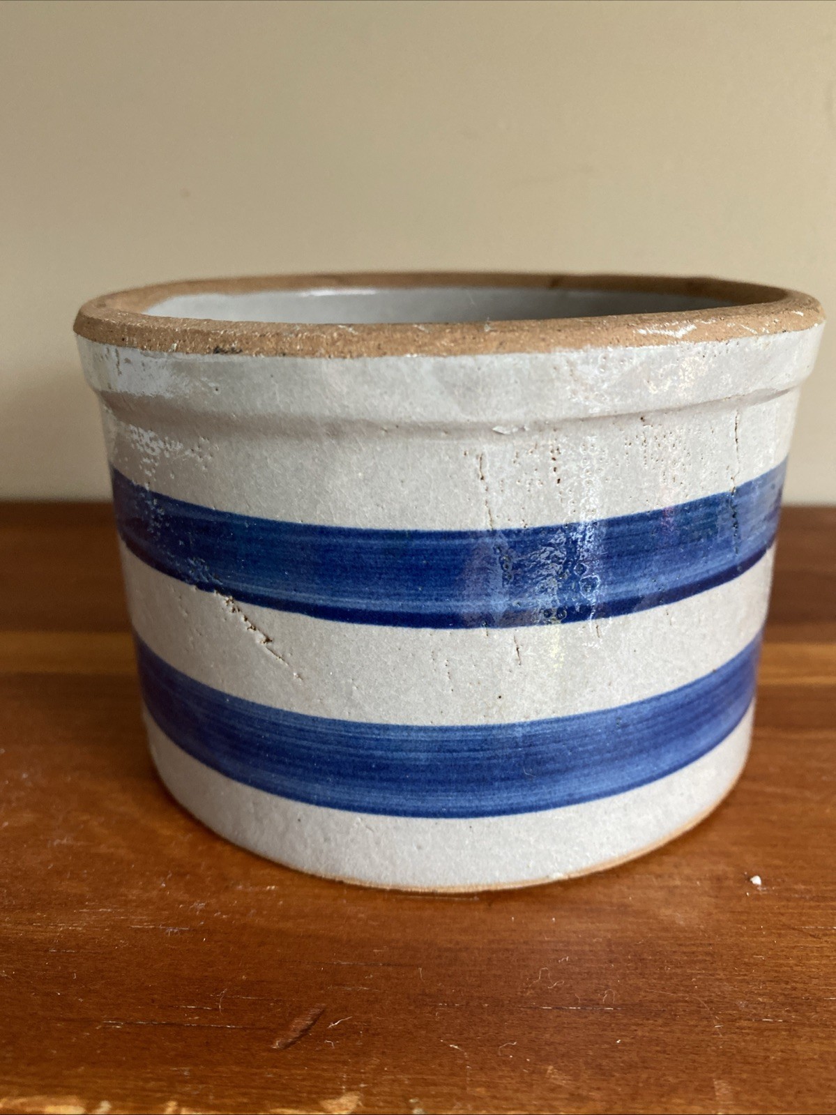 Pottery 3” T X 4.5” W Crock Dbl Blue Stripe Cottage Farmhouse Kitchen