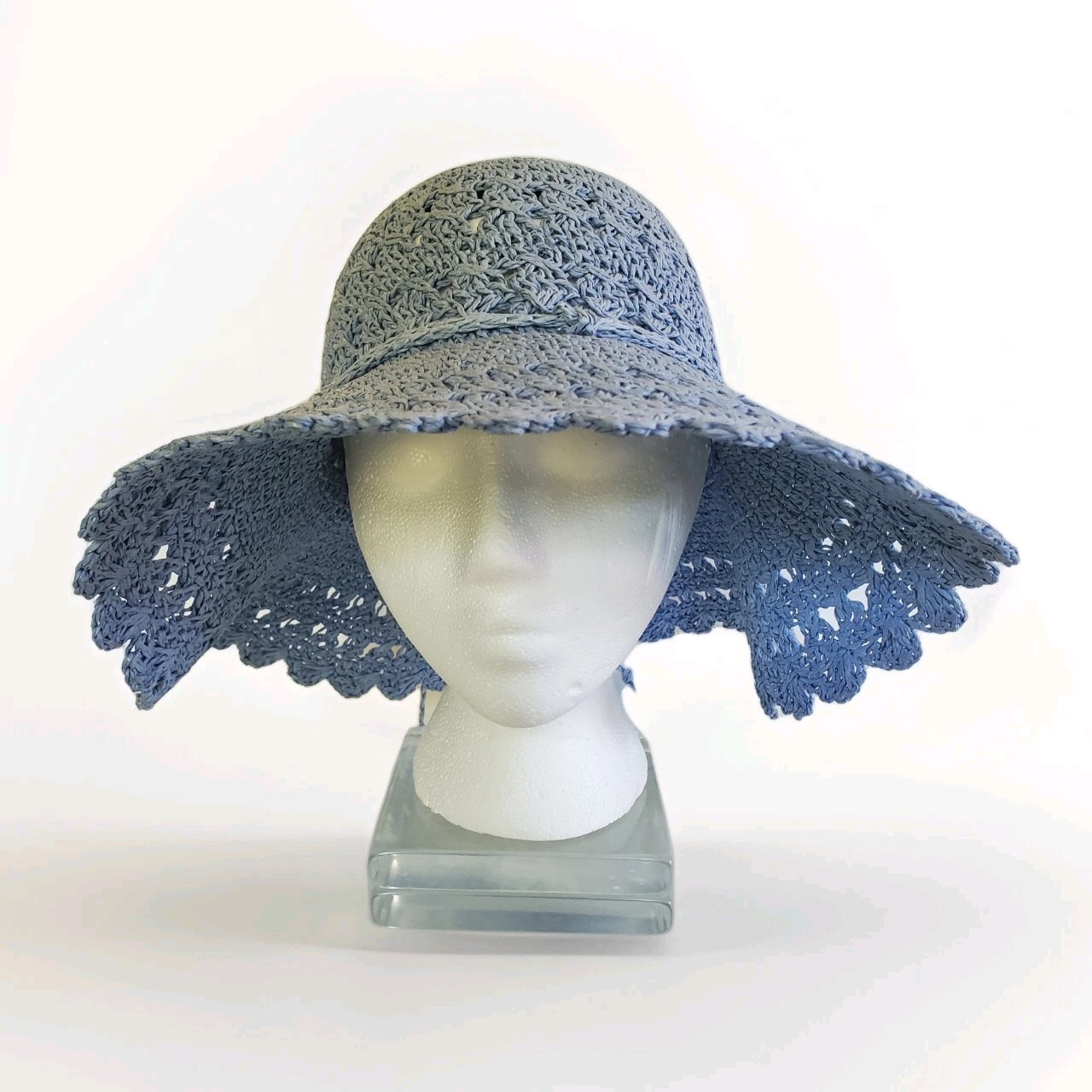 90's BOHO Crochet Straw Paper Beach Resort Floppy Wide Brim Garden Sun Hat Blue