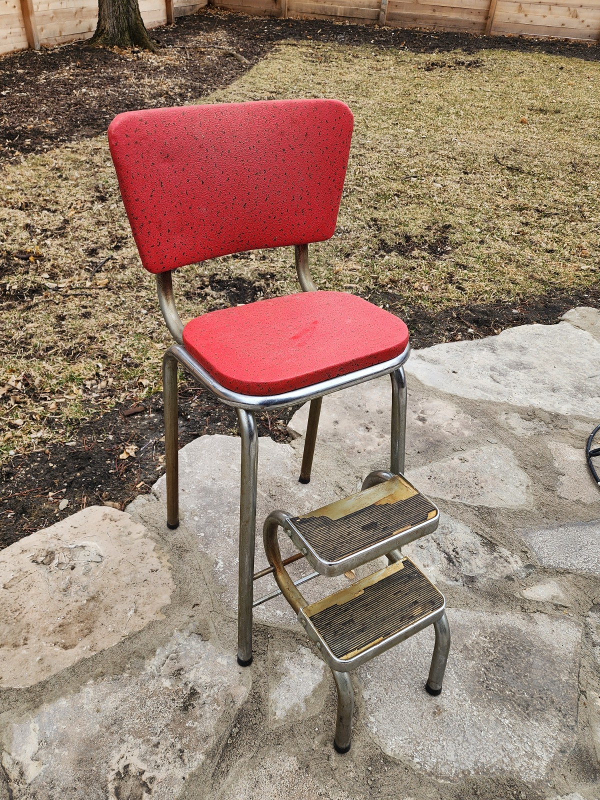 Vintage Cosco Red Studded  Speckled Kitchen Step Stool/ High Chair - MCM Retro