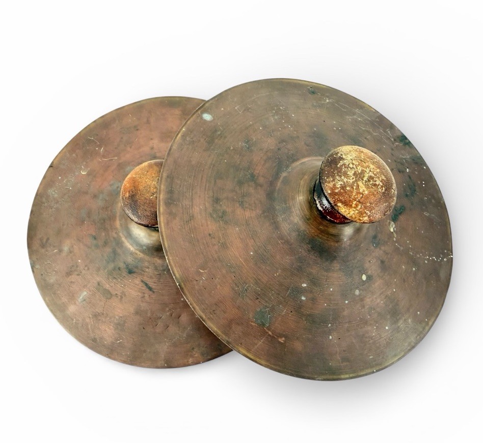 Antique Hand Hammered Copper Cymbals w Wooden Handles Pre-WWI Bell Tone