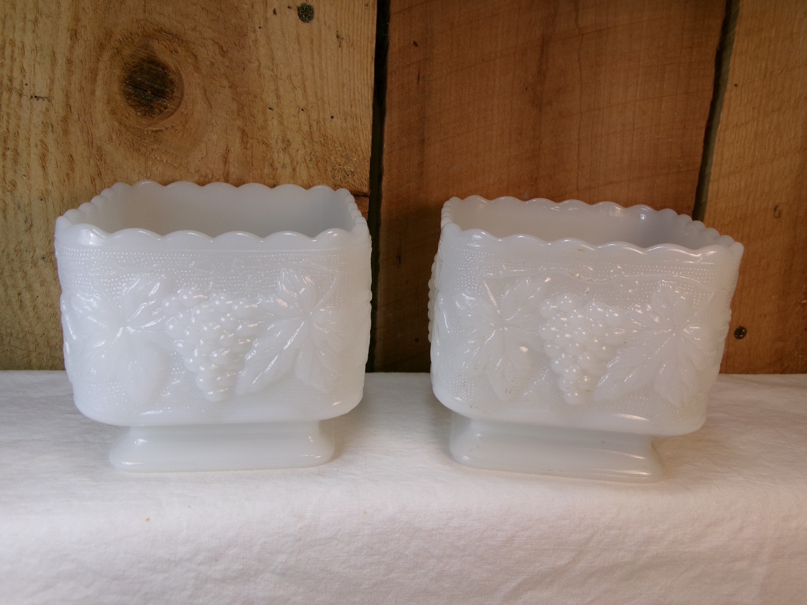 Set of 2 Vintage Anchor Hocking Milk Glass Harvest Grape Square Pedestal Planter