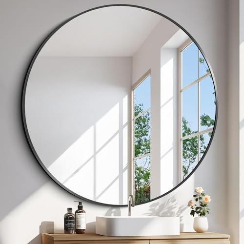 Black Round Mirror, 48 inch Large Circle Mirrors, 48"L x 48"W Black Frame