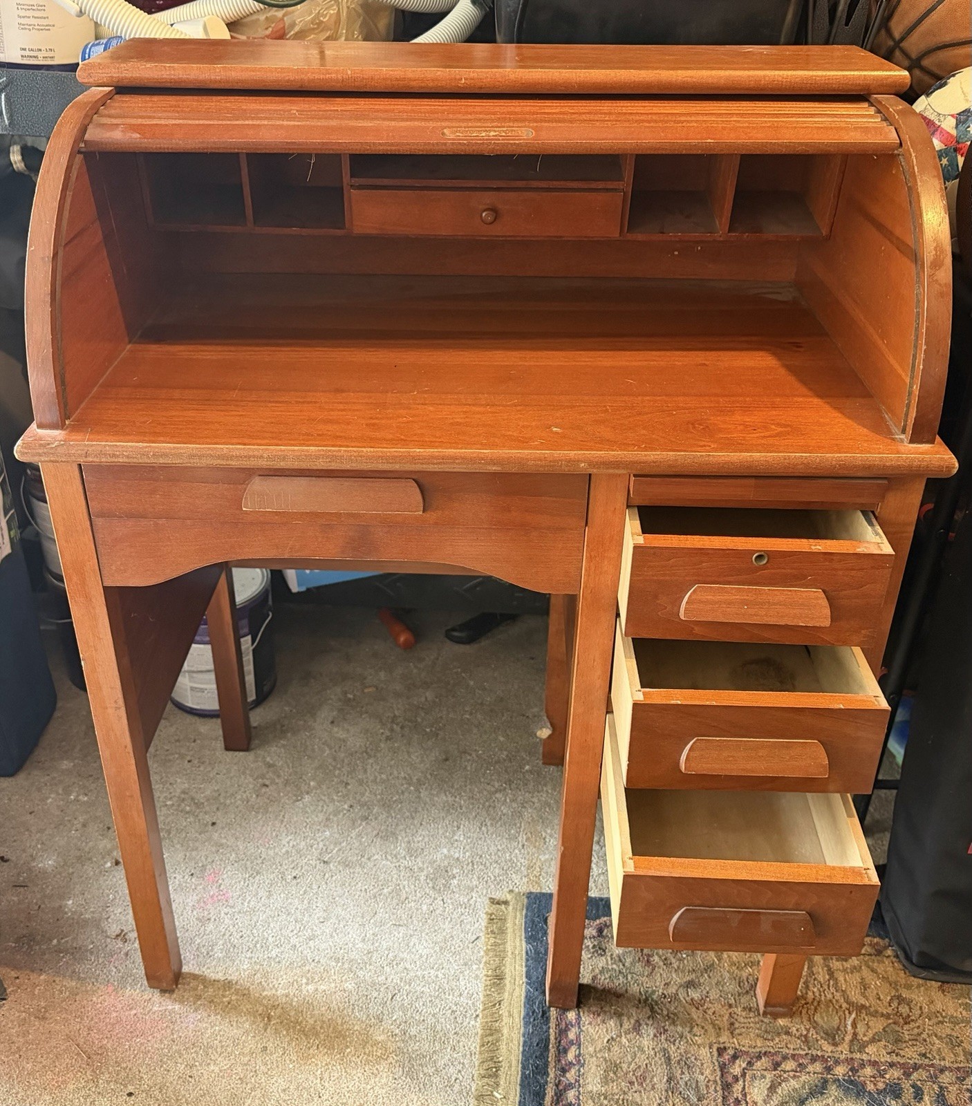 Solid Vintage Wood Roll Top Desk with Drawers