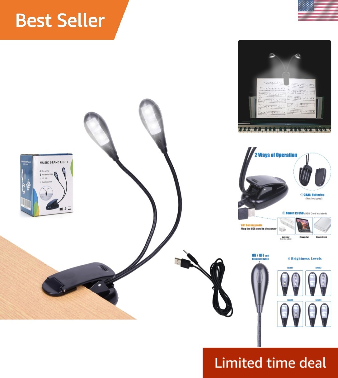 Flexible Dual-Arm LED Reading Lamp - Eye-Care Music Stand Light, USB Powered