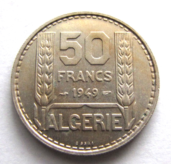 Algeria KM-E2 50 Francs 1949 ESSAI, UNC. very light verdigris