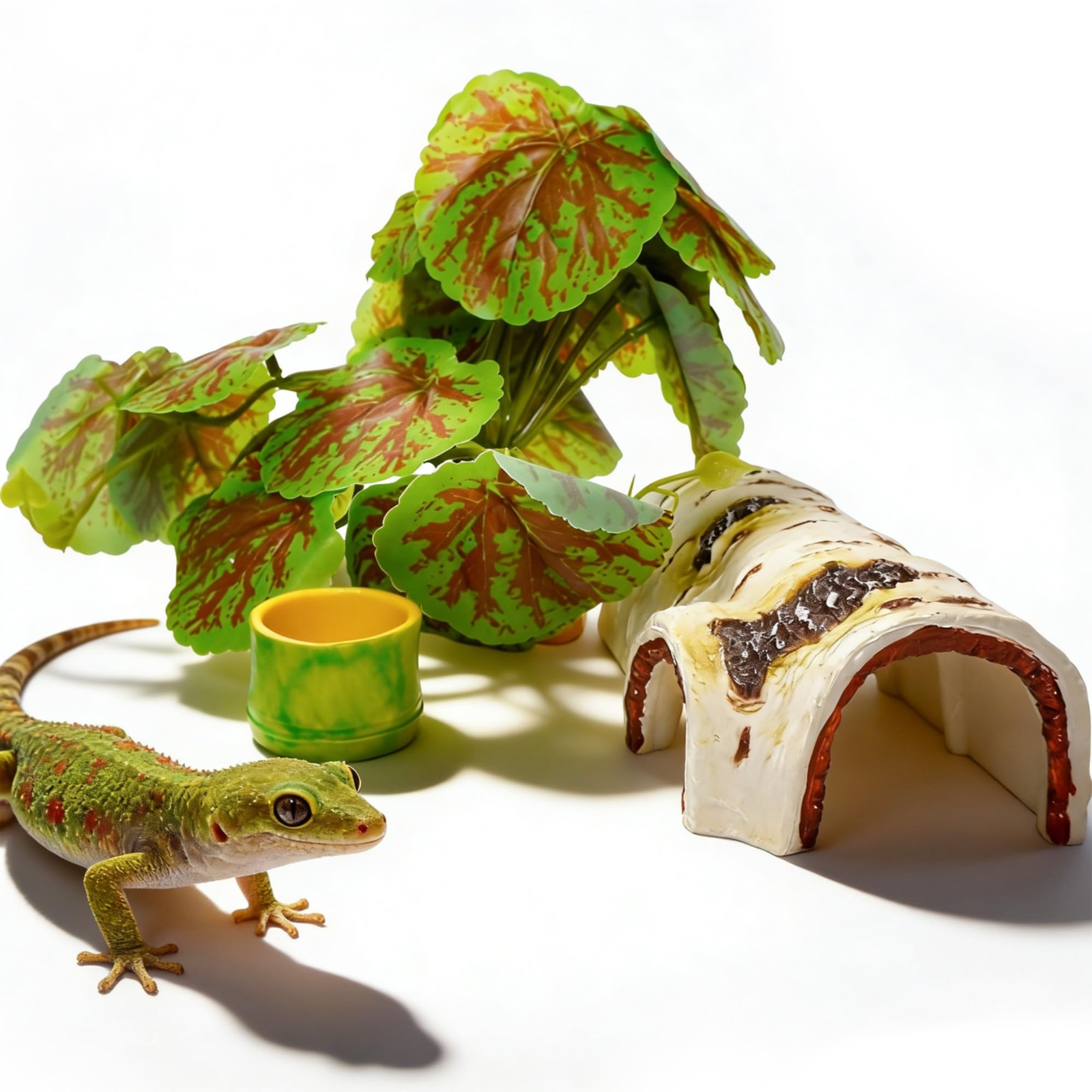 Reptile Hide with Plant Leaves Decor & Water Bowl, Simulation Tree Bark Cave ...