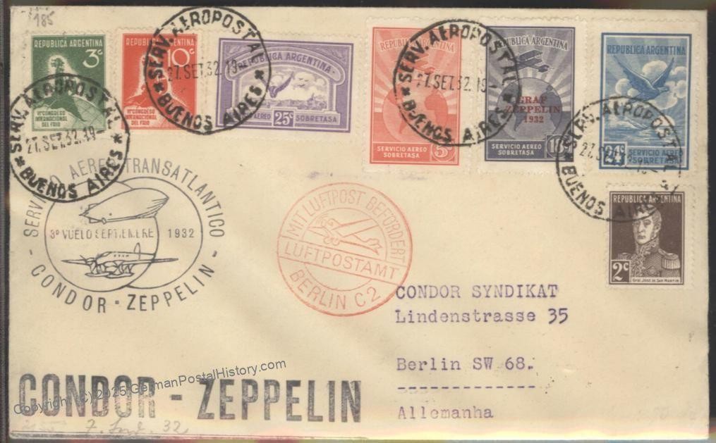 Argentina 1932 Graf Zeppelin South America 7th SAF Mi281B Cover Sieger Es 113755