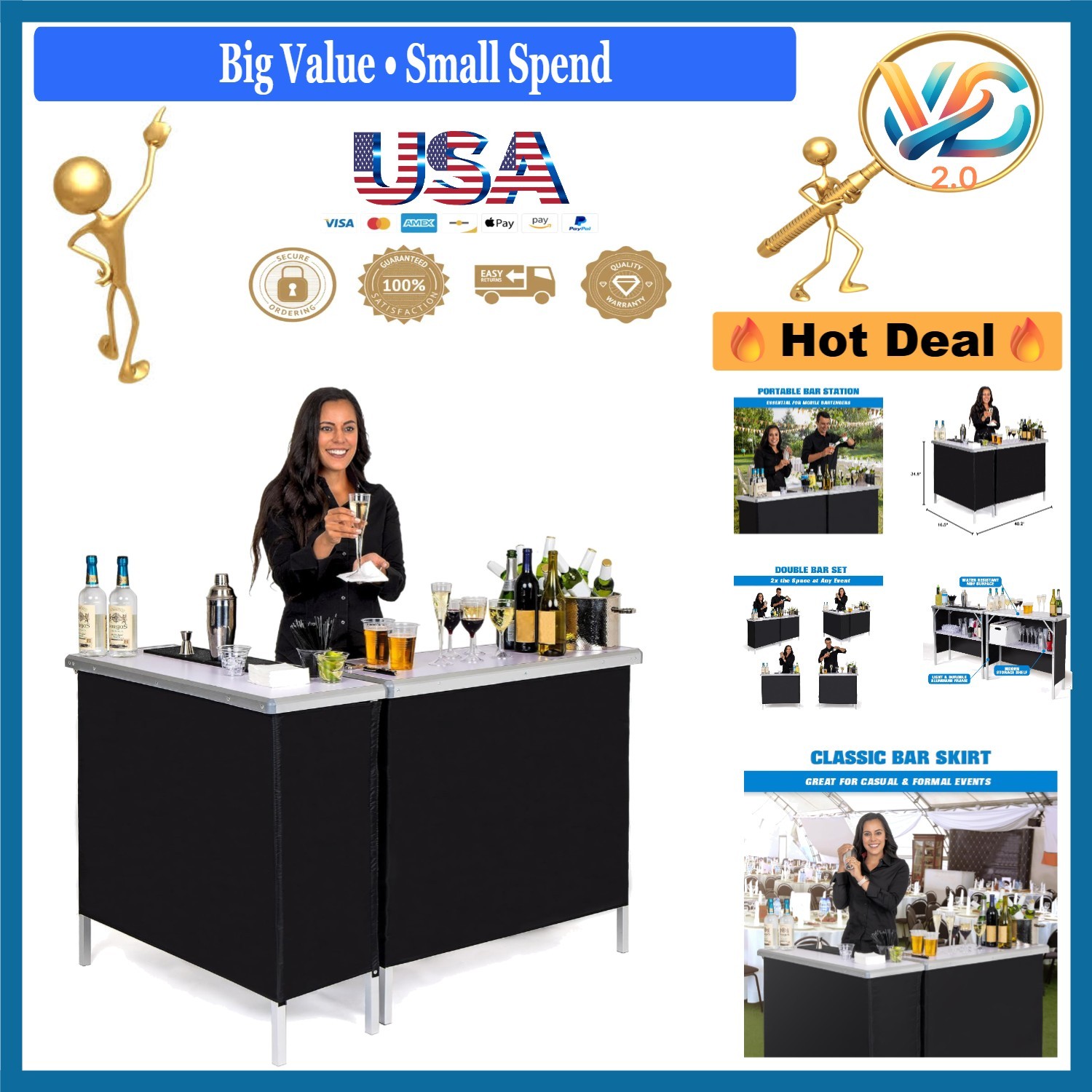Portable Double Bar Table Set - Mobile Bartender Station for Events