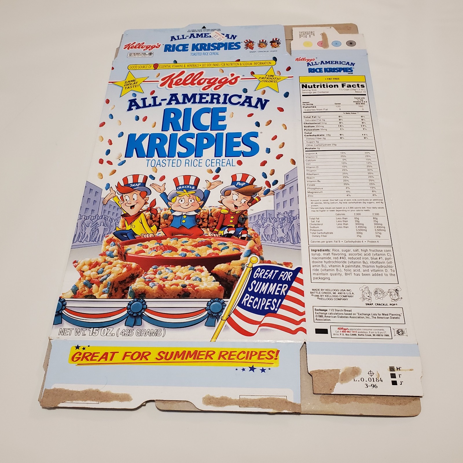 Kellogs All American USA Rice Krispies Cereal Box Summer 1996 1997 Snap Crackle 