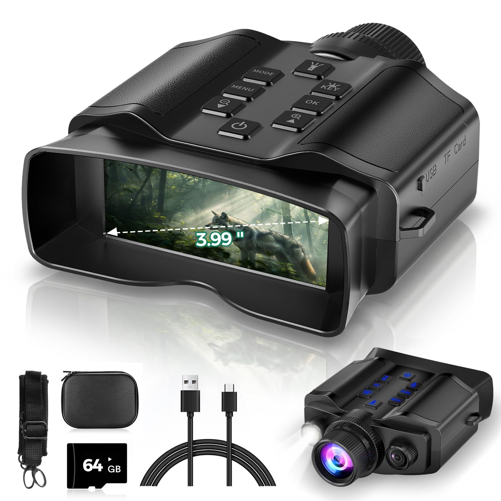 3.99" HD Screen, 10000mAh Rechargeable Night Vision Binoculars with 64GB Card