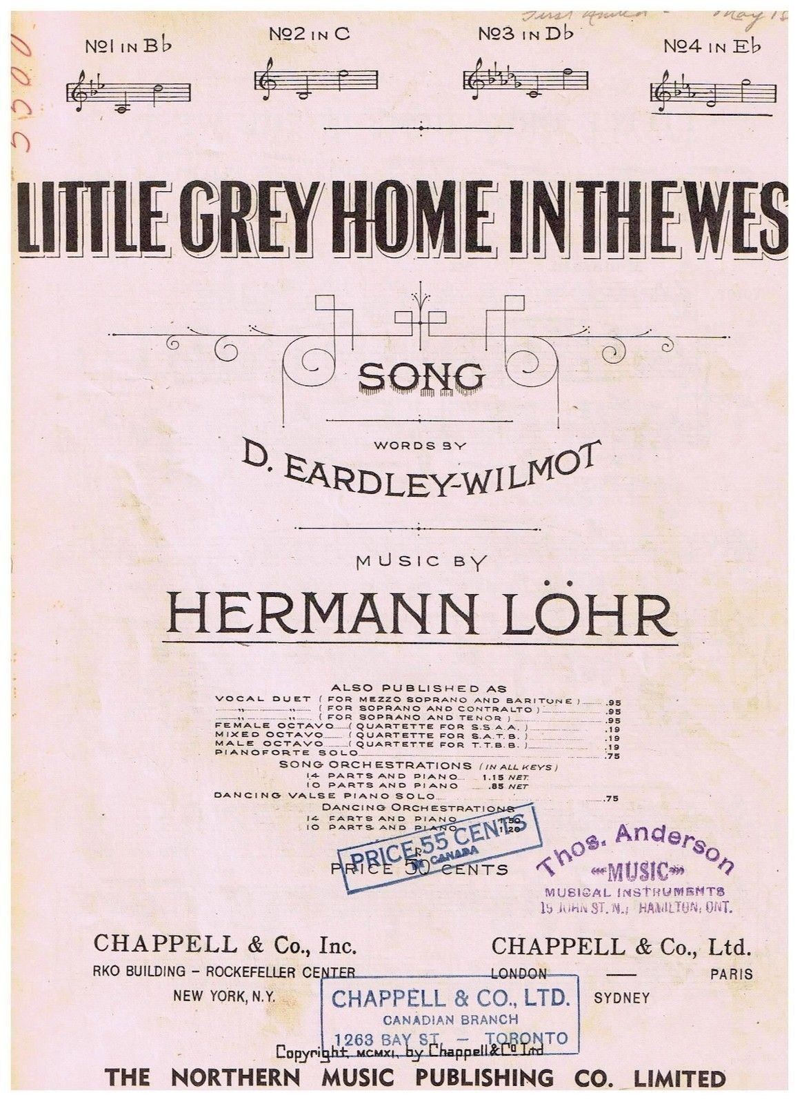 Little Grey Home In The West Sheet Music D Eardley-Wilmot Hermann Lohr