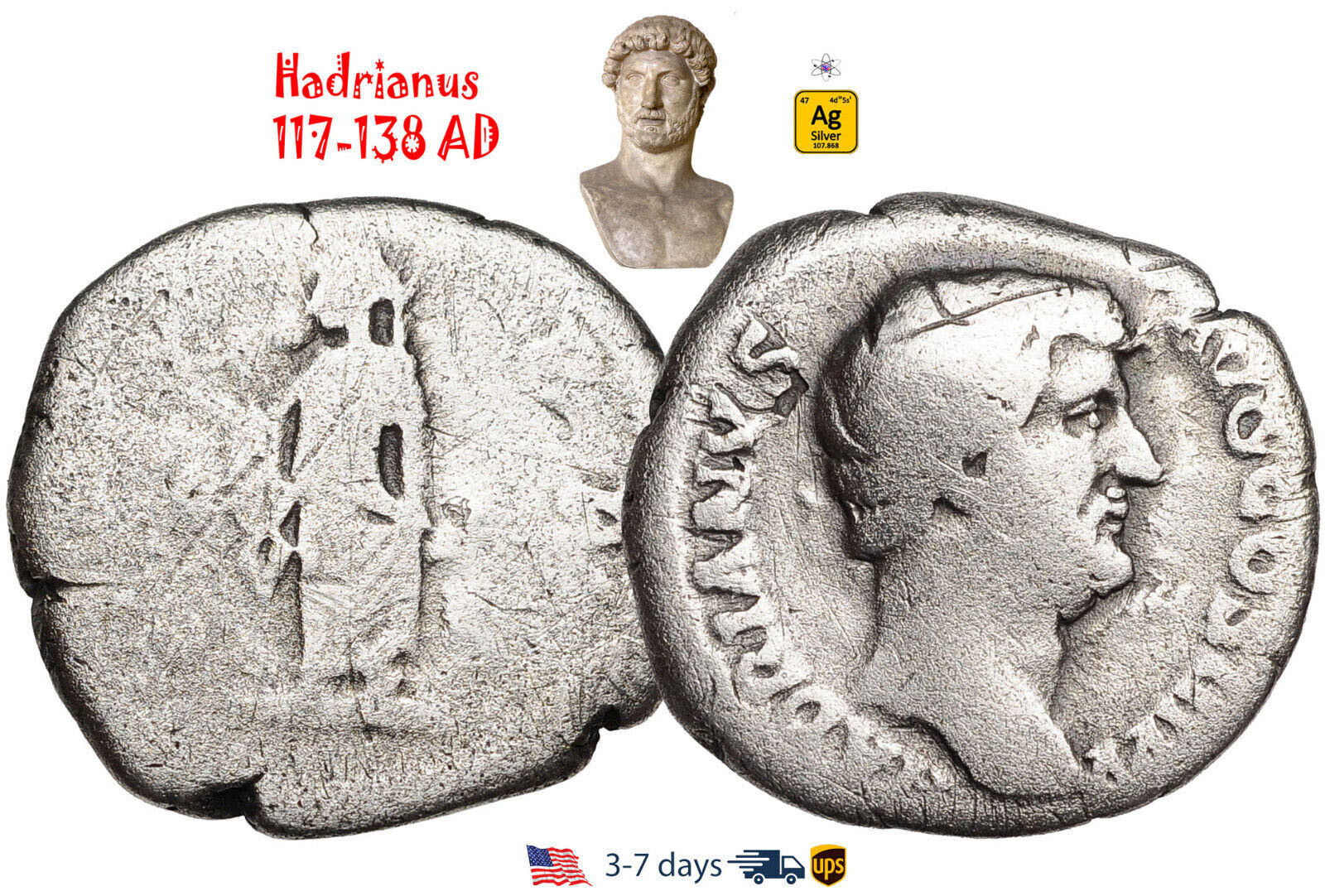 Ancient Roman Empire Coin Silver Denarius Hadrian 117 - 138 AD Authentic #31196