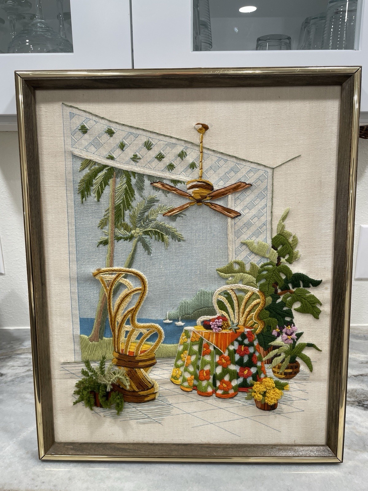 Vintage 1984 Signed Crewel Embroidery Tropical Coastal Framed Wall Art 17x21