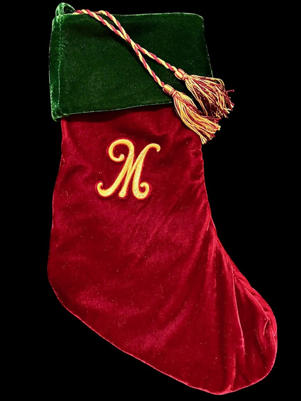 Bed Bath & Beyond Christmas Stocking Velvet Green Red Tassels Gold Monogram M