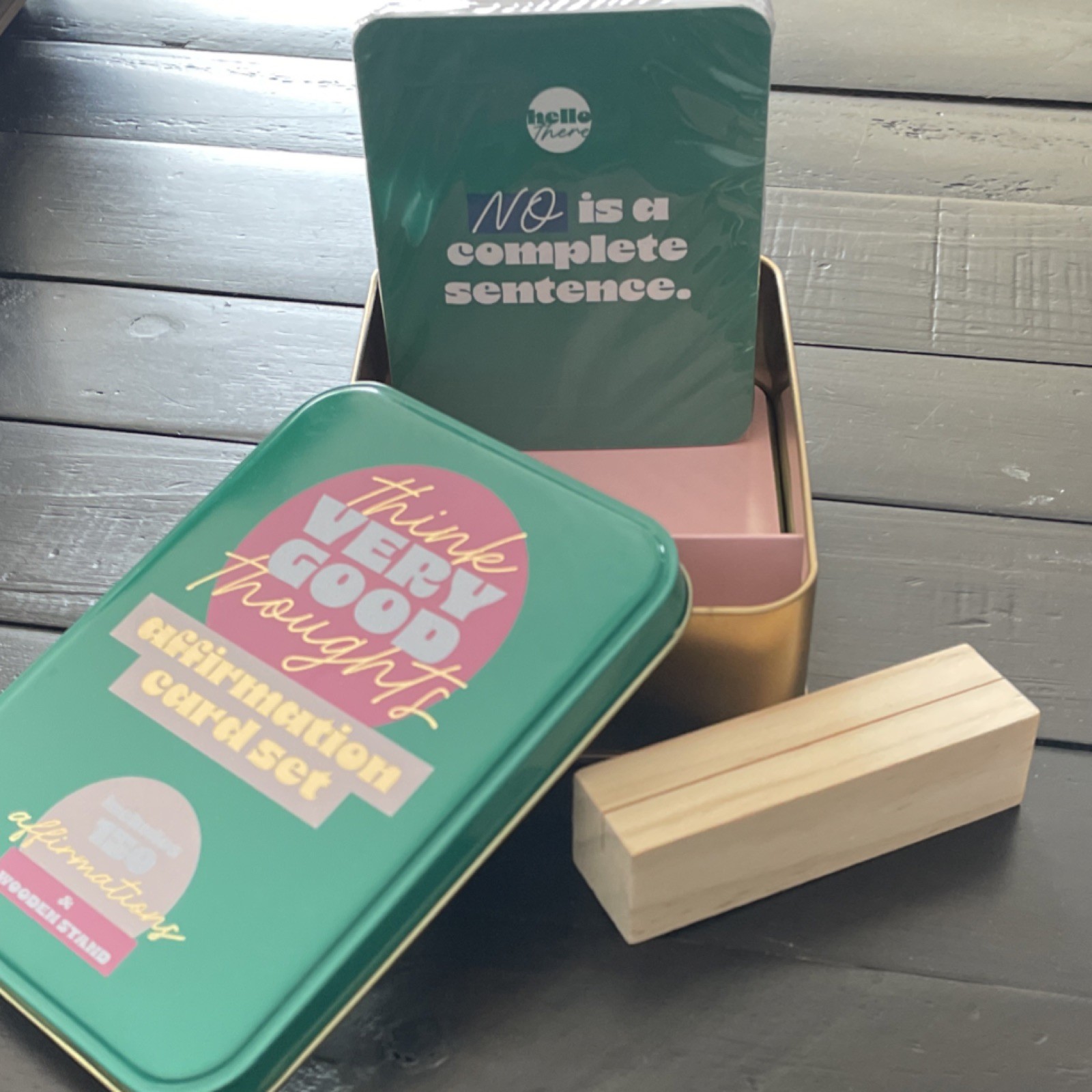 Think Very Good Thoughts Affirmation Cards Tin Box Wood Stand, 150 Affirmations