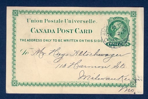 CANADA #P4 1895 QV POSTAL CARD TO USA