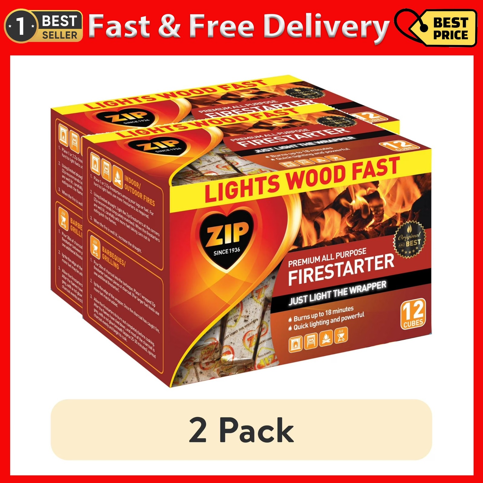 (2 Pack) Zip Premium Firestarter Cubes, All Purpose, Weather-Resistant, 12 Count