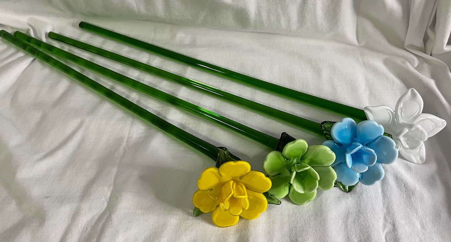 Hand Blown Glass Art 17” Long Stem Flowers Set Of 4